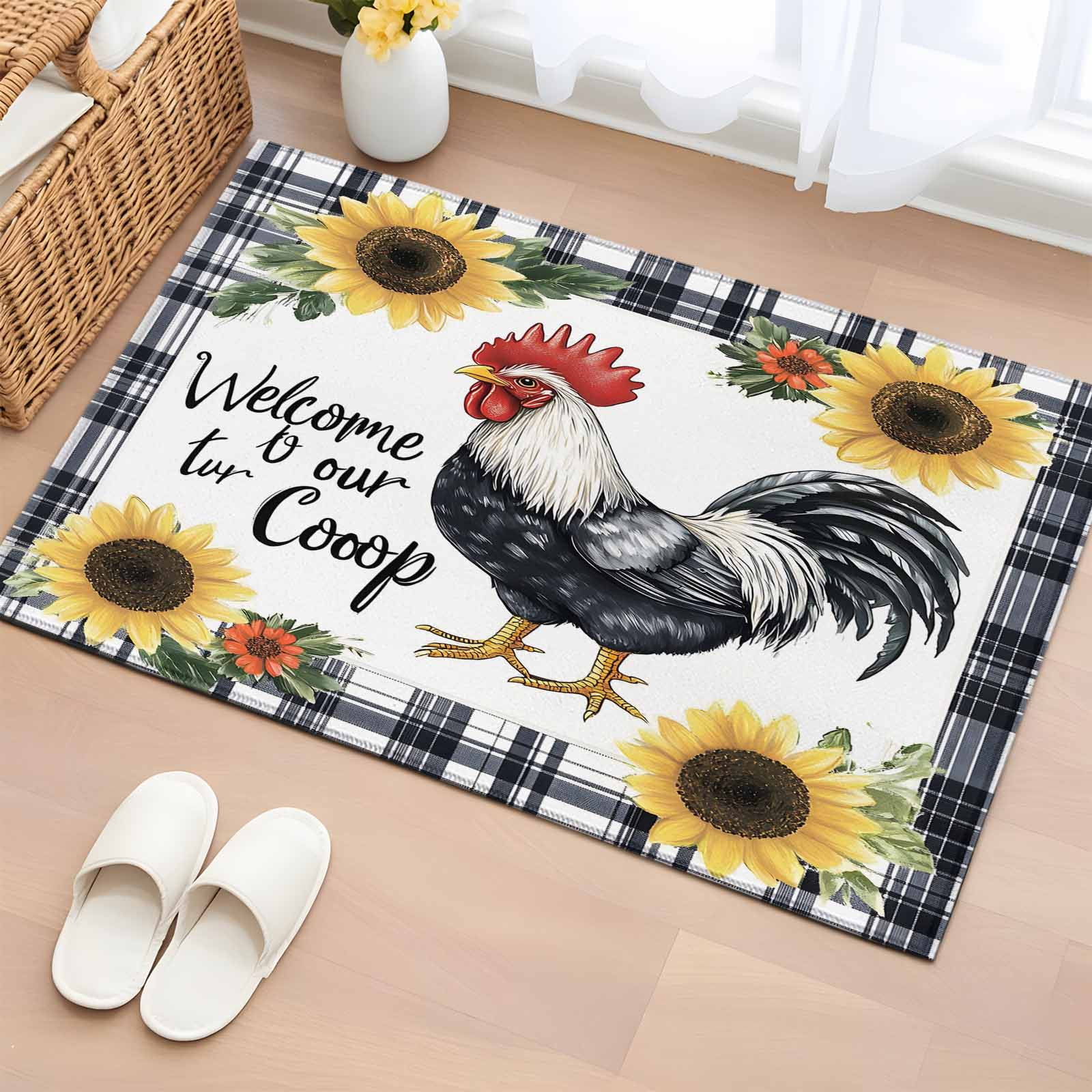 Black White Retro Rooster Bathroom Rug Washable 2x3 Entryway Rug Non ...