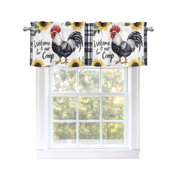 Black White Retro Rooster Curtain Valances for Windows, Sunflower Farmhouse Checkered Kitchen Valance Window Treatment, Light Filtering Block Curtains for Bathroom/Bedroom/Living Room 54'' x 18''