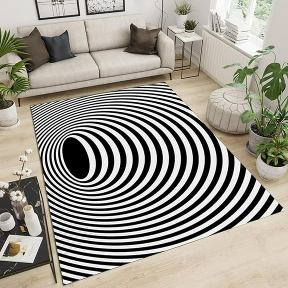 Black And White Ripple Vortex Illusion Area Rugs, Swirl Circular Visual Illusion Easy Clean Rug, Soft Non-Skid Carpet Throw Rug For Kids Bedroom Living Room Classroom 1x2ft