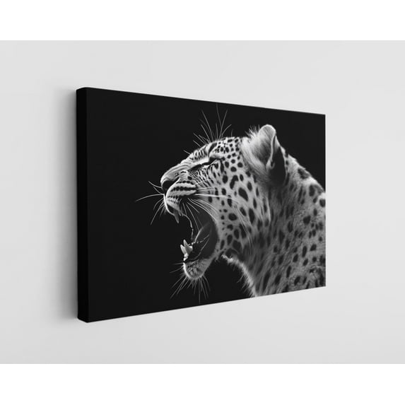 Black and White Roaring Leopard Canvas Wall Art – Fierce Wildlife Print – Handcrafted Modern Home Décor – Bold & Stylish Artwork for Living Room, Bedroom, or Office