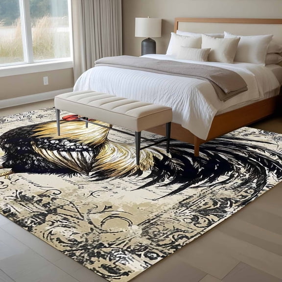 Black White Rooster 6x9 Rug for Dining Room Table and Chair Setup, Vintage Watercolor Farmhouse Animal Country Low Pile Washable Non Slip Rectangle Area Rug