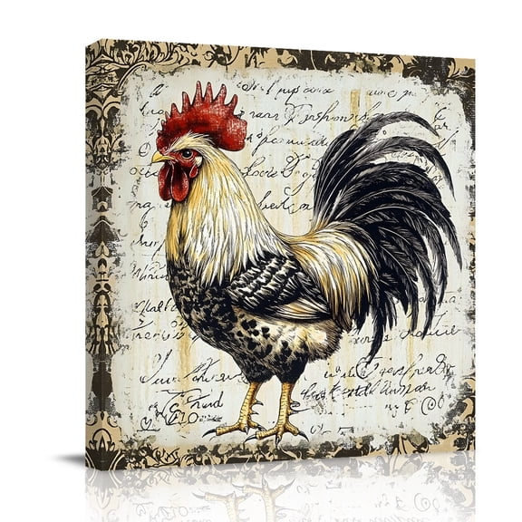 Black White Rooster Canvas Wall Art for Living Room, Retro Watercolor Farmhouse Animal Country Poster Print Painting for Bedroom Office Home Decoration Wall Pictures Prepare To Hang 8"x8"