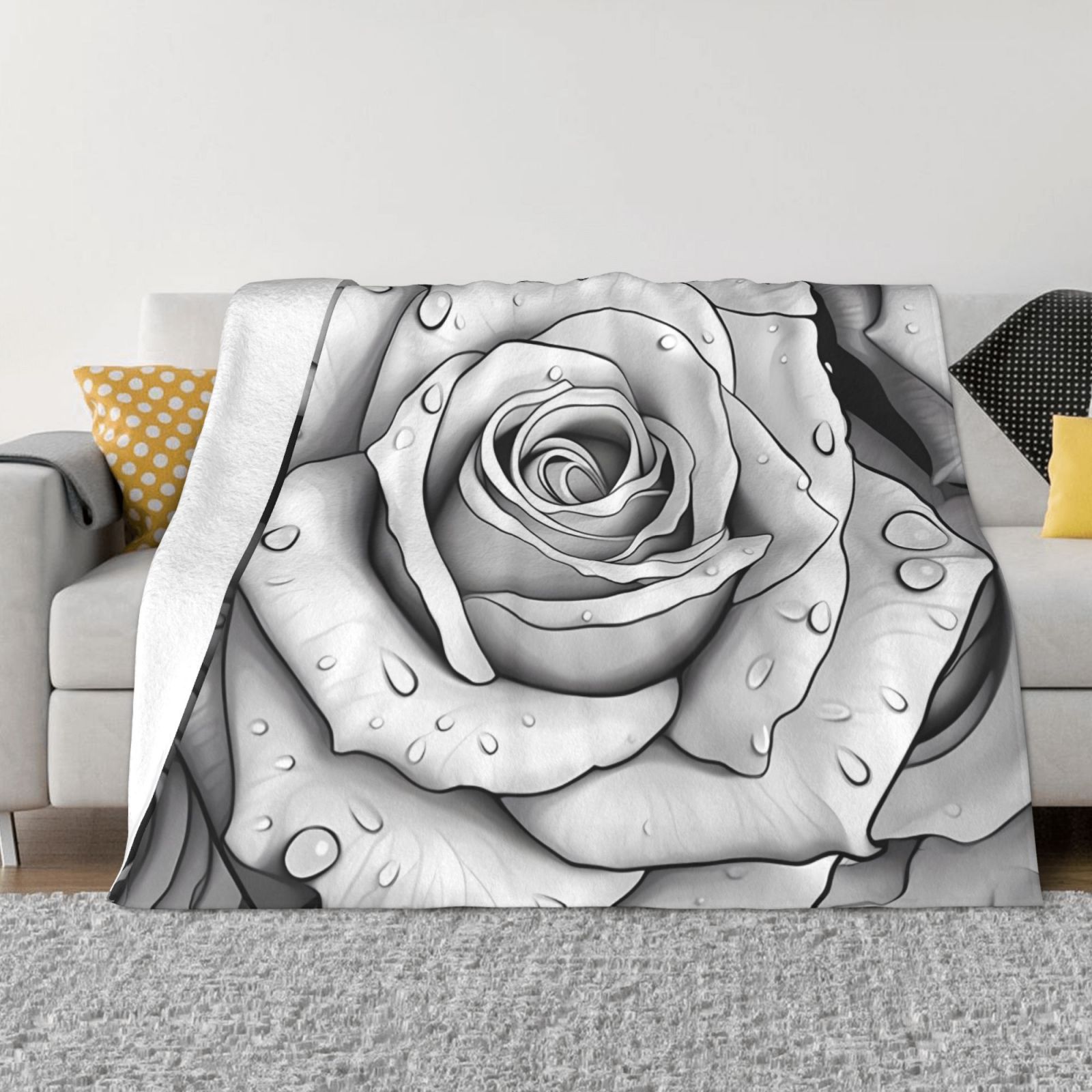 Black White Rose Warm Flannel Fleece Plush Soft Sofa Throw Blanket As