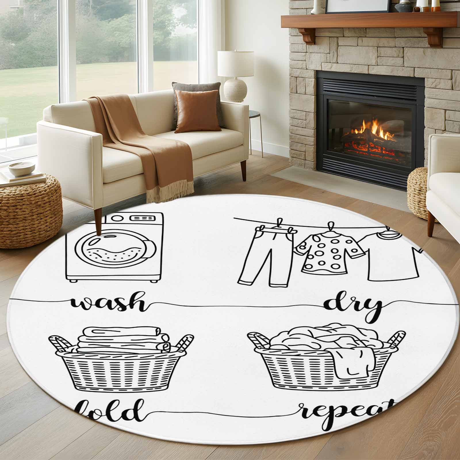 Black White Round Area Rug 5 FT, Non Slip Bedroom Rugs, Cartoon ...