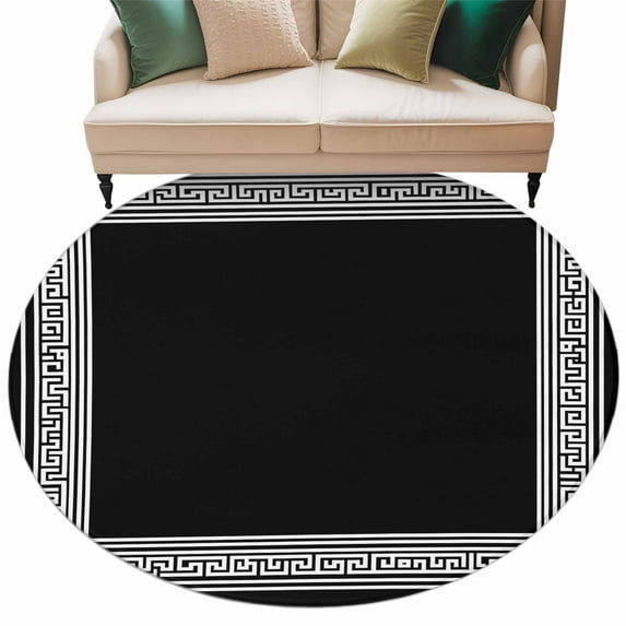 Black White Round Area Rug 5ft Geometric Greek Key Bordered Abstract Art Non-Slip Washable Circle Rugs Soft Felt Indoor Floor Mat for Bedroom Kitchen Living Room Bathroom