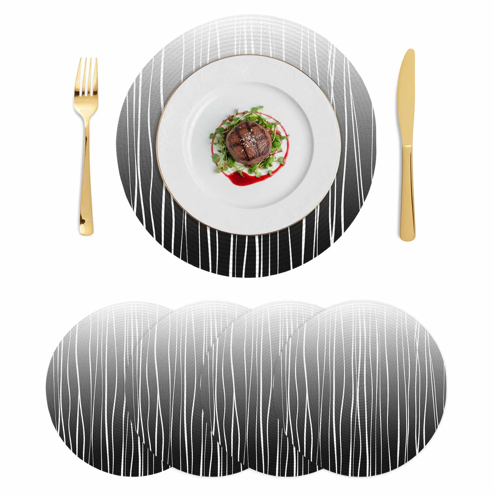 Black White Round Placemats Set of 4 Ombre Gradient Striped Minimalist Texture Place Mats Indoor Woven Table Mats Washable Heat-Resistance Braided Dining Table Placemats for Kitchen Party 13 Inch