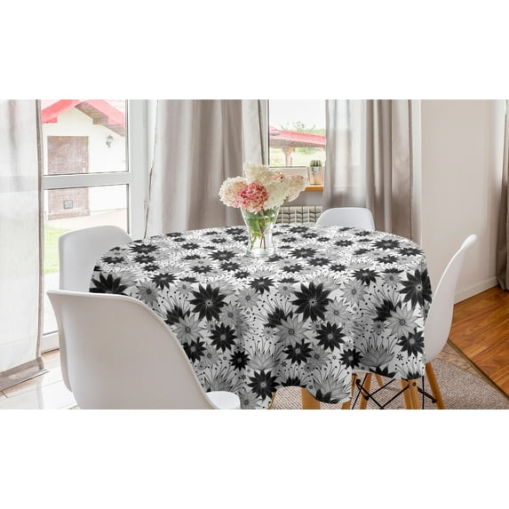 Black and White Round Tablecloth, Vintage Flower with Blooming Petals Ornamental Botanical Garden Design, Circle Table Cloth Cover for Dining Room Kitchen Decor, 60", Black and White, by Ambesonne