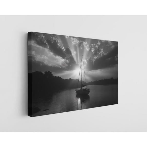 Black and White Sailboat with Sun Rays Canvas Wall Art - High-Quality Seascape Print - Handcrafted Nautical Decor - Modern Wall Art - Gift for Home or Office