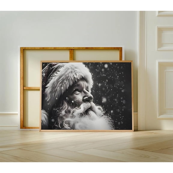 Black White Santa Portrait Dramatic Winter Decor Wall Art