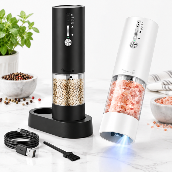 Black&White Set 2 Electric Salt & Pepper Mills 120ml Capacity Adjustable Coarseness Kitchen Tool