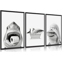 Black And White Shark Bathroom Canvas wall art Funny ocean Animal bathtub Paintings Pictures Wall Decor Modern Poster Printing Artwork for Restroom Toilet Home Decoration（Only canvas）