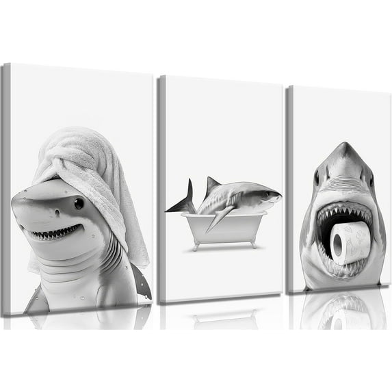Black And White Shark Bathroom Canvas wall art Funny ocean Animal bathtub Paintings Pictures Wall Decor Modern Poster Printing Artwork for Restroom Toilet Home Decoration Unframed
