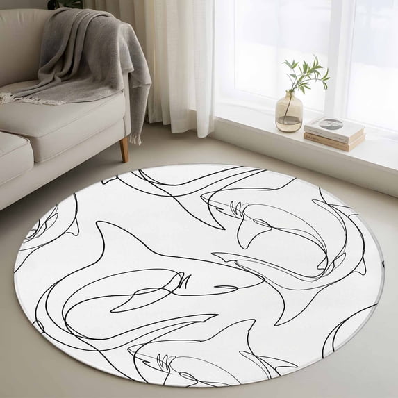 Black White Shark Round Area Rug 3Ft Washable Small Circle Rugs for Kitchen Entryway, Modern Line Abstract Art Non-Slip Carpet Floor Mats Indoor Outdoor Carpet Runner Aesthetic Home Decor