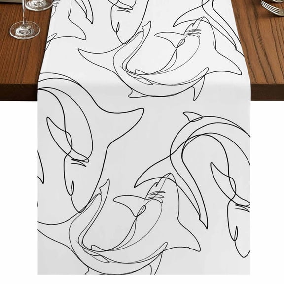 Black White Shark Short Table Runner 36 Inches Long, Modern Line Abstract Art Cotton Linen Table Runners Dresser Scarves, Fabric Tabletop Scarf Furniture Cover for Home Dinner Party Decor 13"x36"