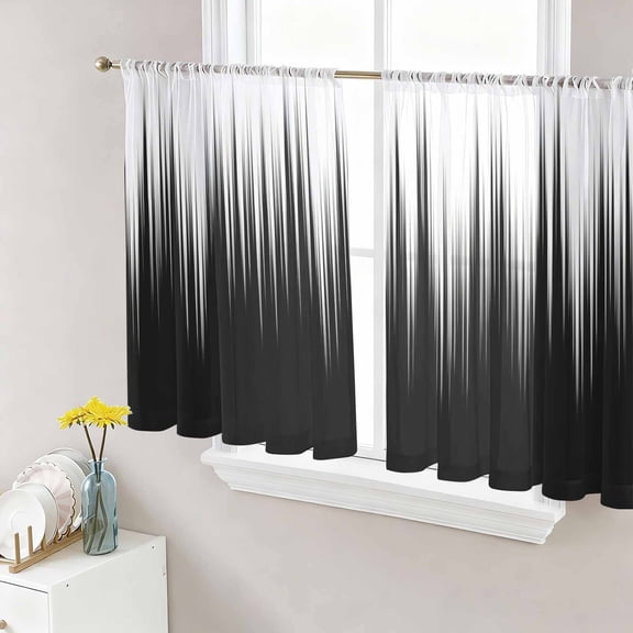 Black White Sheer Curtains 54 Inch Length 2 Panels for Living Room, Modern Geometric Abstract Gradient Striped Voile Kitchen Curtain Set, Luxury Privacy Drapes Window Treatment for Bedroom