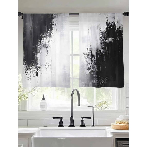 Black White Sheer Curtains 54 Inches Long 2 Panels Color Block Light Filtering Semi Sheer Window Curtains Drapes for Bedroom Living Room 52"x54"