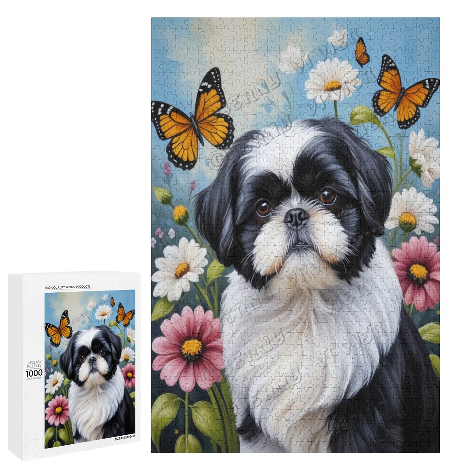 Black White Shih Tzu With Flower Oil Painting 1000-Piece Adult