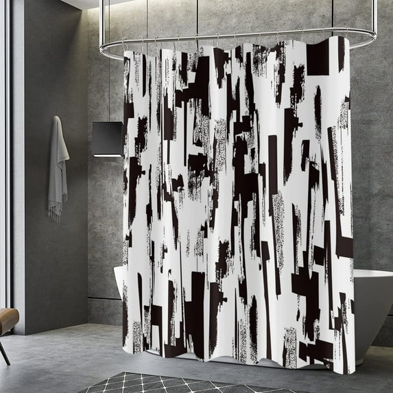 Black and White Shower Curtain, Abstract Art with Brushstrokes Chaos Image Print Bathroom Curtain for Men Contemporary Bathtub Decor Waterproof Fabric Machine Washable with 12 Hooks