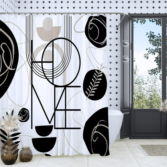 Black and White Shower Curtain, Black Beige Geometric Fabric Shower Curtain Set, Abstract Mid Century Modern Minimalist Waterproof Shower Curtain for Bathroom - Home Decor, 72 x 72