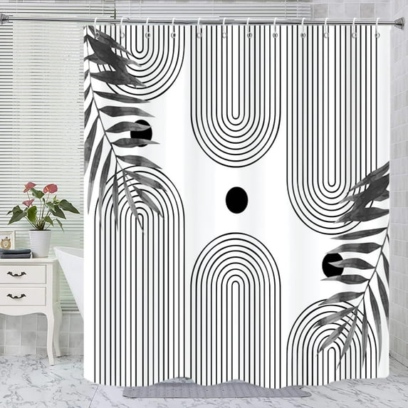 Black and White Shower Curtain, Boho Mid Century Modern Neutral Leaf Arch Abstract Minimalist Machine Washable Waterproof Fabric for Bathroom Decor Bathtub with Hooks 72x72