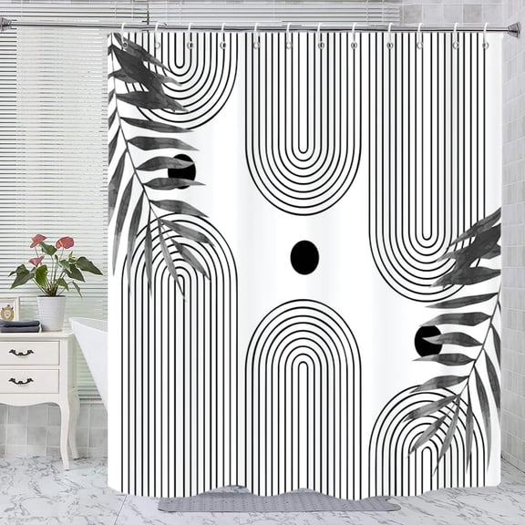 Black and White Shower Curtain, Boho Mid Century Modern Neutral Leaf Arch Abstract Minimalist Machine Washable Waterproof Fabric for Bathroom Decor Bathtub with Hooks 72x72