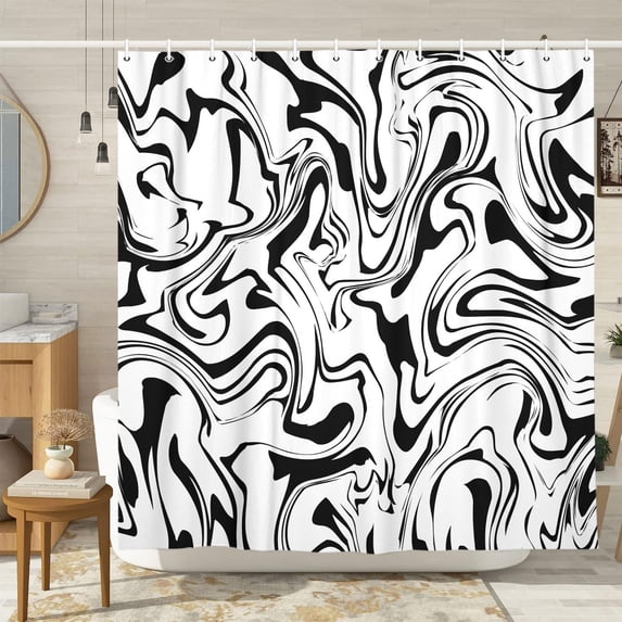 Black and White Shower Curtain with Cute 72s Retro Boho Hippie Spiral Stripe, Minimal Aesthetic Groovy Art Bath Curtain Modern Abstract Swirl Bathroom Decor Set with Hooks 72X72IN