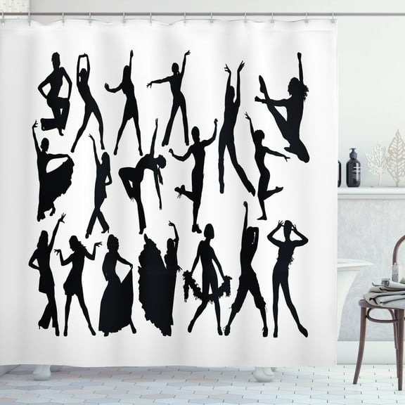 Black and White Shower Curtain, Dancers Silhouette Modern Latin Hip Hop Tango Jazz Ballroom Salsa, Fabric Bathroom Set with Hooks, 69W X 84L Inches Extra Long, Black and White, by Ambesonne