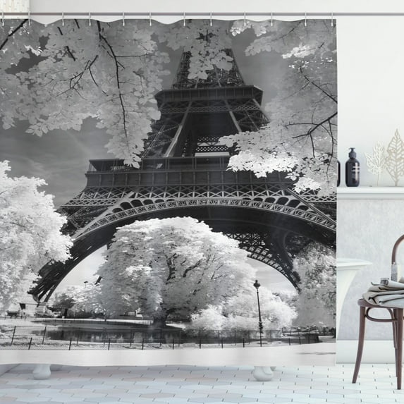Black and White Shower Curtain, Eiffel Tower with Blossoming Trees Historical Paris Famous Landmark France, Fabric Bathroom Set with Hooks, 69W X 75L Inches Long, Blue Grey, by Ambesonne
