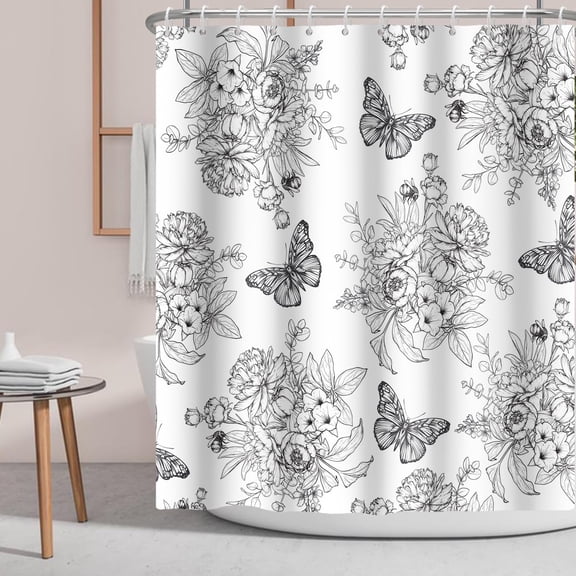 Black White Shower Curtain Flower Butterfly,Vintage Spring Floral Nature Fabric Shower Curtains Floral Shower Curtain Bathroom Accessories with Hooks 36"W x 72"L (Pack of 1)
