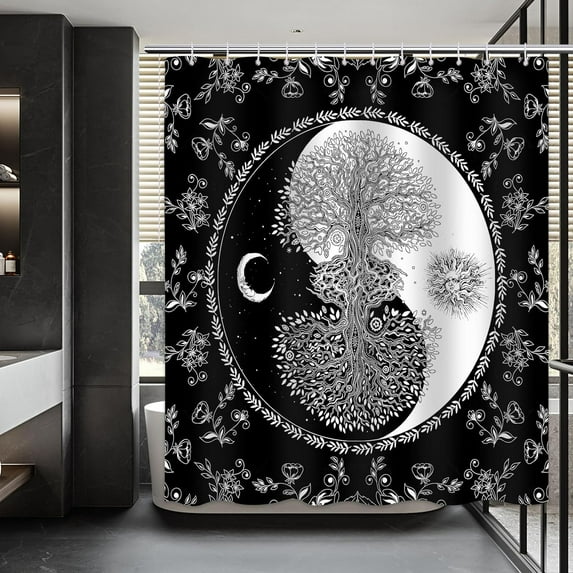 Black and White Shower Curtain, Gothic Shower Curtain, Blessing Tree Tai Chi Sun and Moon Shower Curtain Set Waterproof Bath Curtain Bathroom Decor with 12 Hooks, 72x72 inches