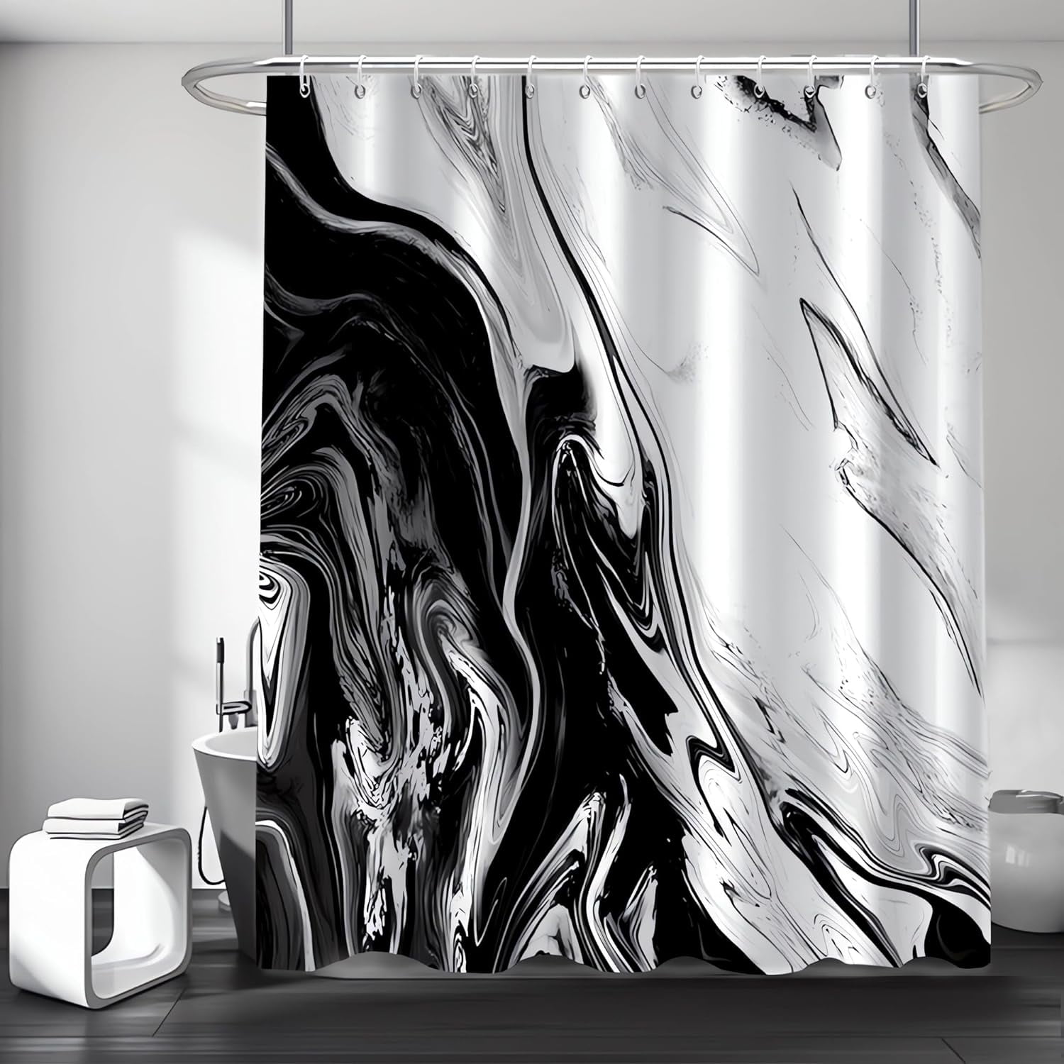 Black and White Shower Curtain, Modern Abstract Marble Shower Curtain for Bathroom Aesthetic Ink Texture Waterproof Fabric Shower Curtain Set with Hooks, 72x72 Inch