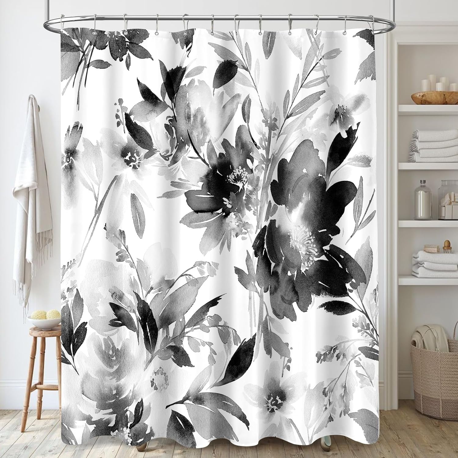 Black and White Shower Curtain, Watercolor Black Floral Shower Curtain