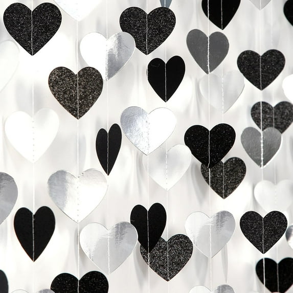 Black White-Silver Party-Decoration Heart Garland - 52ft 21st Men Birthday New Years Eve Hanging Backdrop Streamers,Graduation Engagement Wedding Bachelorette Banner Supplies Decor