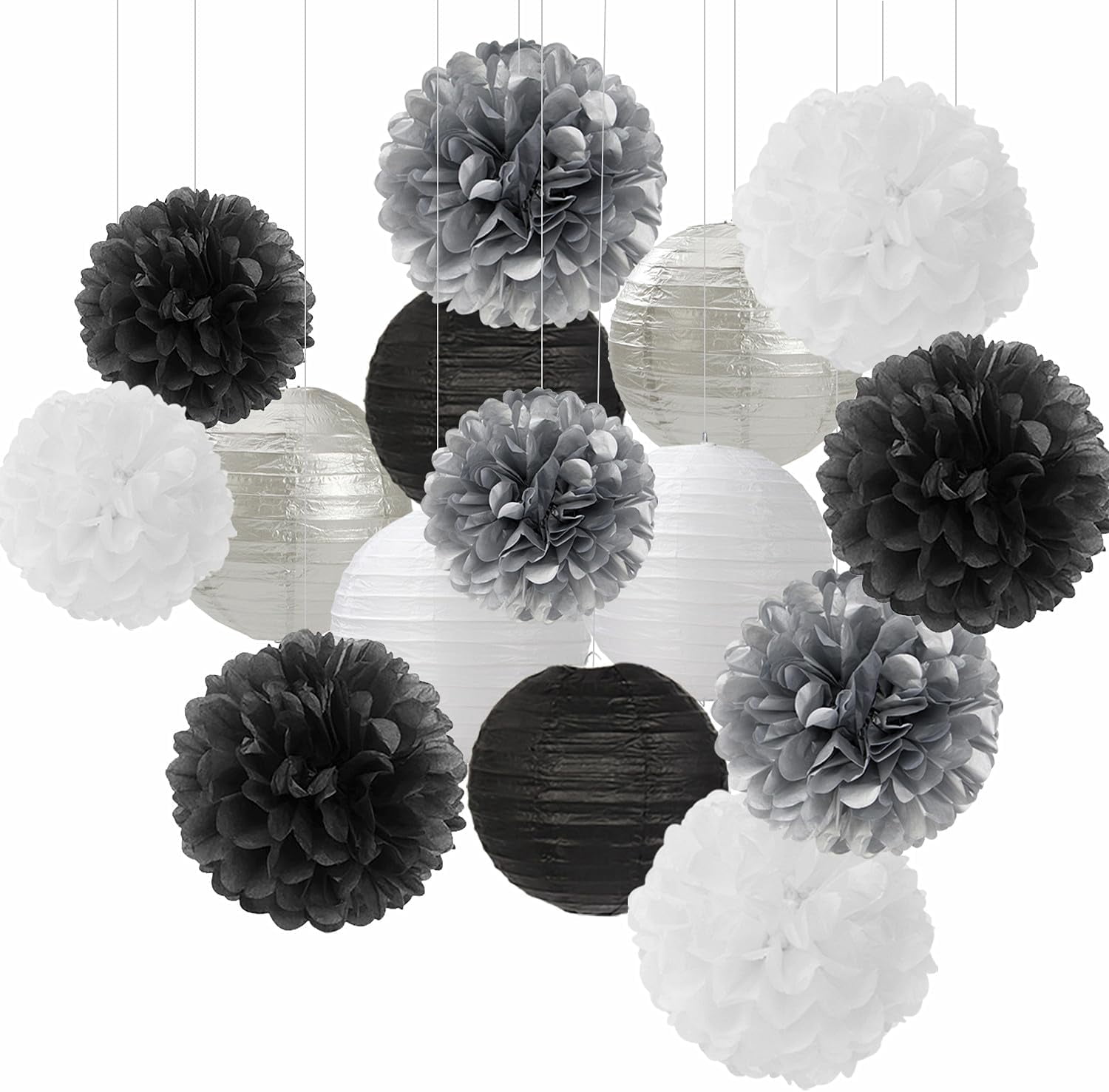 Black White Silver Party Decorations Paper Flowers Lanterns 15PCS Tissue Pom Poms Streamers for Birthday Halloween Wedding Baby Shower Bachelorette Hanging Supplies Decor