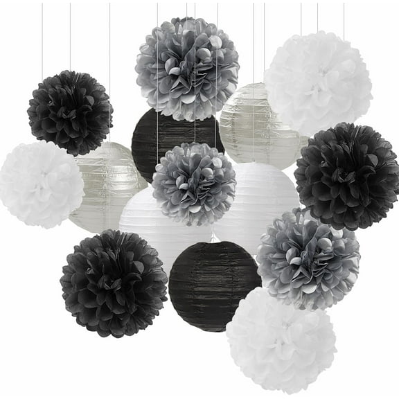 Black White Silver Party-Decorations Paper Flowers Lanterns - 15PCS Birthday Halloween Wedding Tissue Pom Poms Streamers, Halloween Prom Baby Shower Bachelorette Hanging Supplies Decor