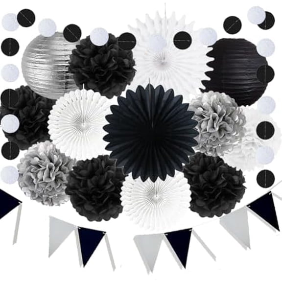 Black White Silver Party Decorations Tissue Paper Pom Poms Paper Lantern Fans Garland for Boys Men Black White Silver Birthday Wedding Baby Bridal Shower Graduation New Year Eve Party Decor