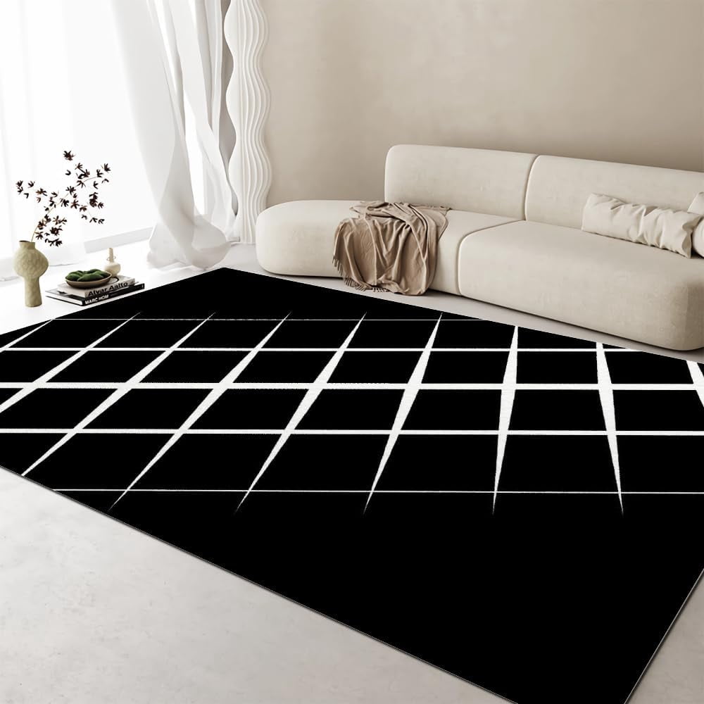 Black and White Simple Mesh Texture Area Rug, Minimalist Art Style ...