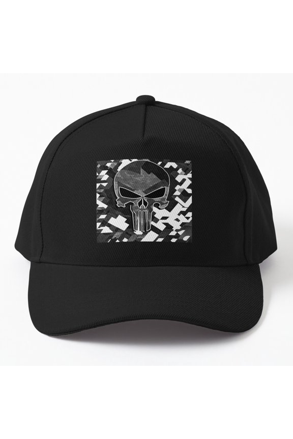 Black White Skull Camo Baseball Cap, Tactical Gothic Pattern Graphic Design, Classic Hat