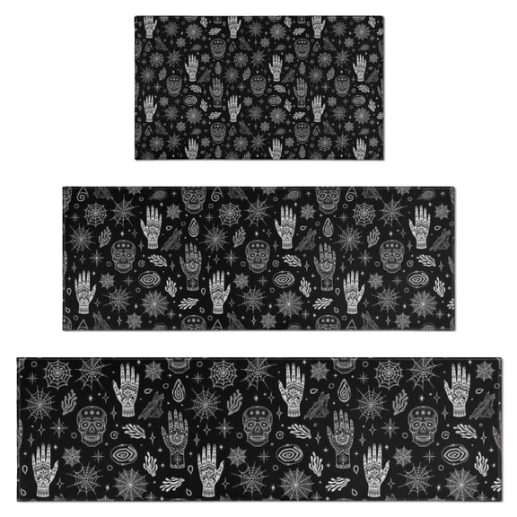 Black White Skull Hand Spider Pattern Kitchen Rugs Sets Of 3,Kitchen Runner Rugs Non Skid Washable,Decorative Kitchen Floor Mats for Kitchen,Sink,Laundry,17"x30"+ 17"x47" + 17"x59"