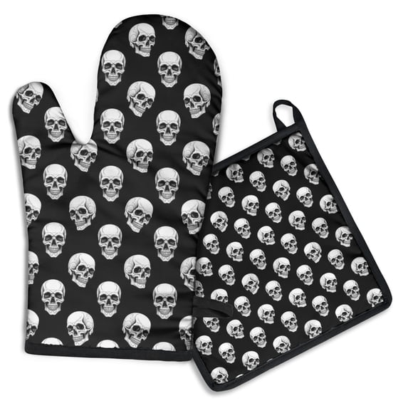 Black White Skull Pattern Kitchen Oven Mitt and Pot Holder Sets 2 Pcs for Baking, Cooking and Grilling, Heat Resistant Up To 392 °F
