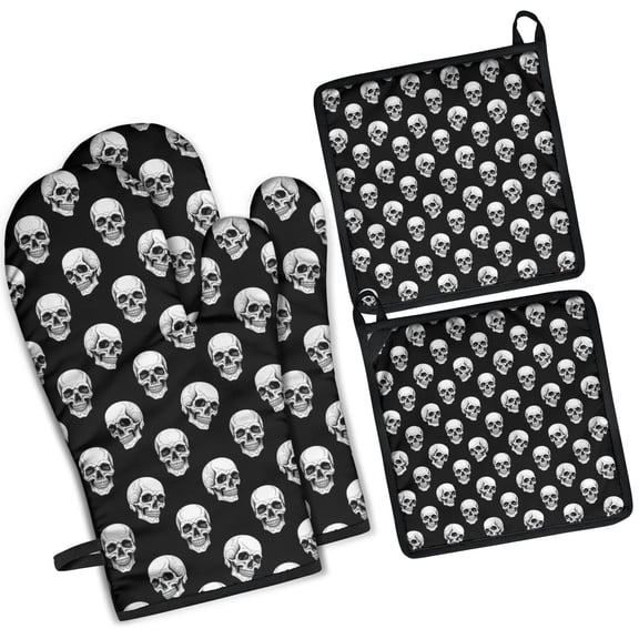 Black White Skull Pattern Kitchen Oven Mitt and Pot Holder Sets 4 Pcs for Baking, Cooking and Grilling, Heat Resistant Up To 392 °F