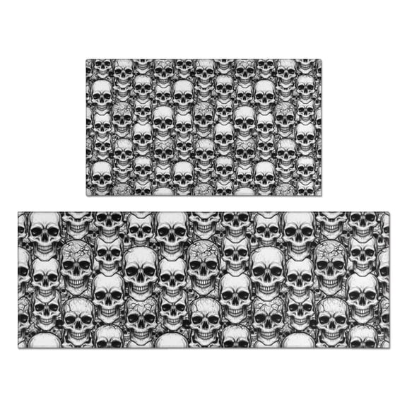 Black White Skull Stack Pattern Kitchen Rugs Sets Of 2,Anti Fatigue Kitchen Mat Rugs Non Slip Washable,Decorative Kitchen Floor Mats for Kitchen,Sink,Laundry,17"x30"+17"x47"