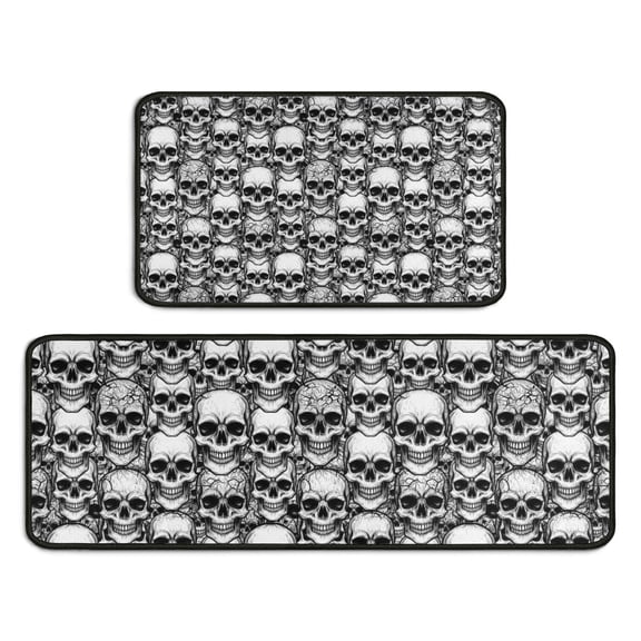 Black White Skull Stack Pattern Kitchen Rugs Sets Of 2,Anti Fatigue Kitchen Mat Rugs Non Slip Washable,Decorative Kitchen Floor Mats for Kitchen,Sink,Laundry,17"X30"+17"X47"