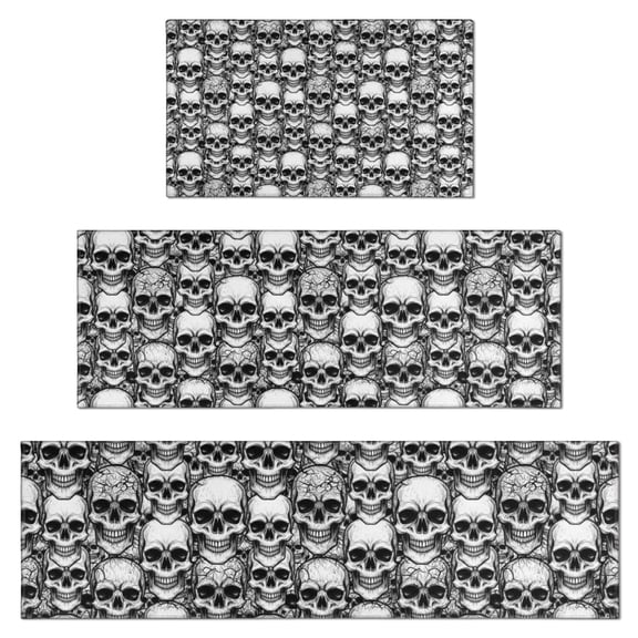 Black White Skull Stack Pattern Kitchen Rugs Sets Of 3,Kitchen Runner Rugs Non Skid Washable,Decorative Kitchen Floor Mats for Kitchen,Sink,Laundry,17"x30"+ 17"x47" + 17"x59"