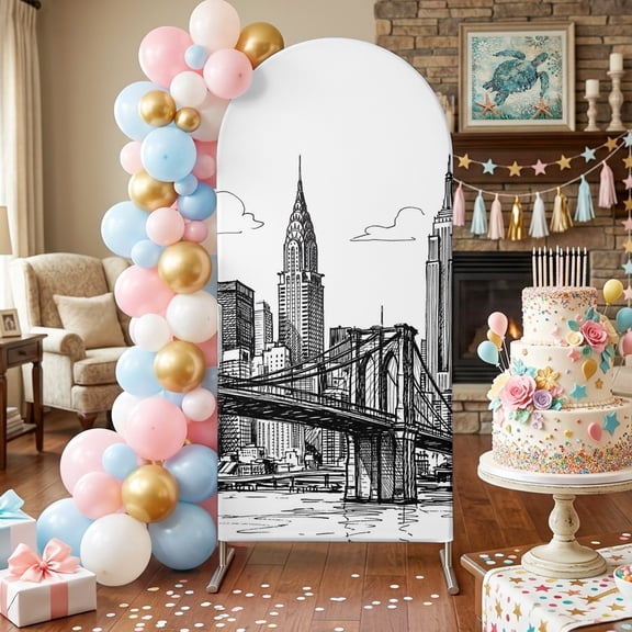 Black White Skyscraper Arch Backdrop Covers 4 FT, Modern Hand-drawn Style Industrial City Stretchy Fitted Arched Stand Covers Party Arch Stand Cover Photo Booth for Wedding Birthday Decor