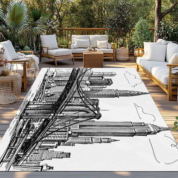 Black White Skyscraper Indoor Outdoor Rugs 3x5 Ft, Modern Hand-drawn Style Industrial City Outdoor Patio Rugs Mat Washable Outside Area Rugs Carpet for Porch Deck RV Camping Pool Balcony Backyard