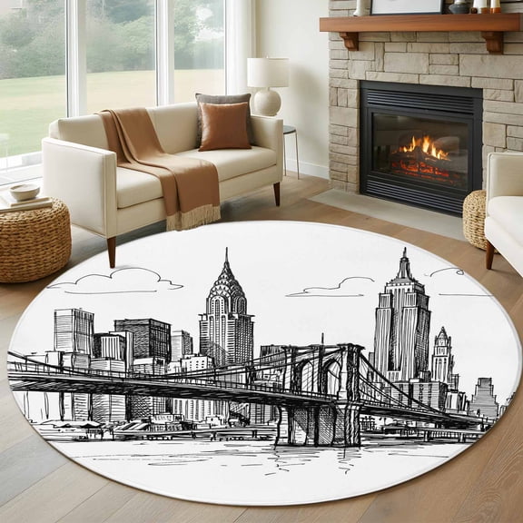 Black White Skyscraper Round Rugs for Living Room 6ft Modern Hand-drawn Style Industrial City Non Slip Circle Rug Washable Low-Profile Indoor Carpet for Bedroom, Dining Room, Bathroom