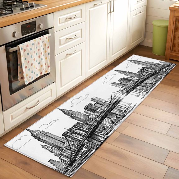Black White Skyscraper Runner Rug Non Slip 2x6 Modern Hand-drawn Style Industrial City Washable Rug Runner for Hallways Low Pile Kitchen Rugs Stain Resist Carpet for Bathroom Bedroom Entryway