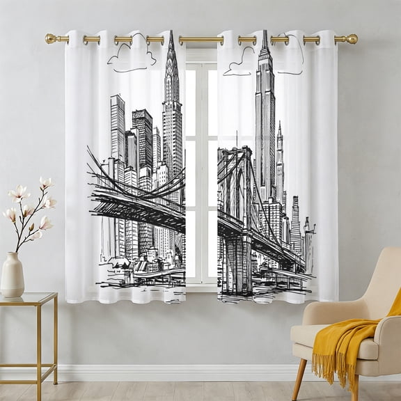 Black White Skyscraper Sheer Curtains 45 Inch Long 2 Panels, Modern Hand-drawn Style Industrial City Light Filtering Semi Sheer Drapes Grommet Voile Window Curtain for Living Bedroom W52 x L45