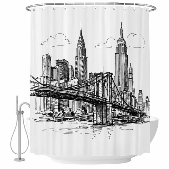 Black White Skyscraper Shower Curtain, 36"x72", Modern Hand-drawn Style Industrial City Waterproof Bathroom Curtain Washable Shower Curtain Set with 12 Hooks